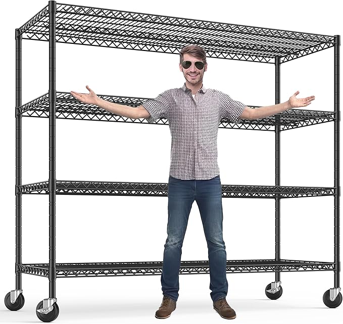 REIBII 75.6" H Storage Shelves Metal Shelving Unit with Wheels 55''W Garage Shelving Heavy Duty Wire Shelves for Storage Rack Adjustable Pantry Shelf Commercial Industrial Shelving,55.5''W X 24" D