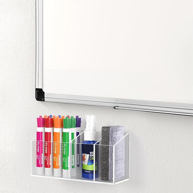 HBlife Magnetic Dry Erase Marker Holder for Whiteboard with 3 Compartments, Acrylic Wall Mount Magnet Pen Pencil Holder for Refrigerator, Locker Organizer Accessories for Classroom Office, Clear