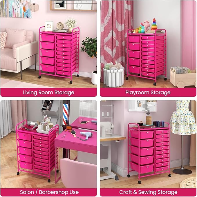 LDAILY 15 Drawer Rolling Storage Cart, Rolling Cart with Drawers for Classroom, Art Supply Craft Organizer on Wheel with Metal Frame & Handles for Home Office School