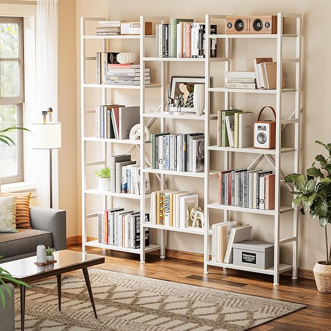SUPERJARE Triple 5 Tier Bookshelf, Bookcase with 14 Open Display Shelves, Wide Book Shelf Book Case for Home & Office, White