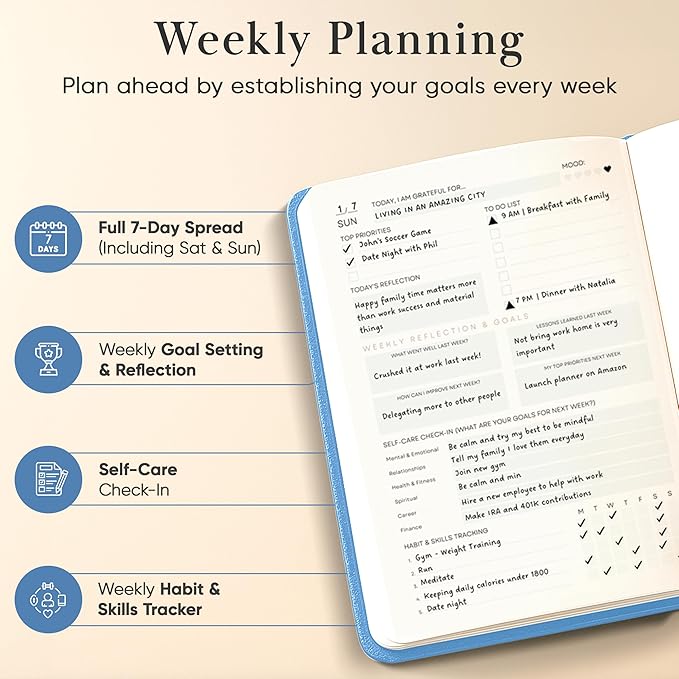 2026 Planner, Daily Journal & Gratitude Journal All-In-One with To Do List, Self Care Prompts & Habit Tracker - 5.8 x 8.3 - Blue