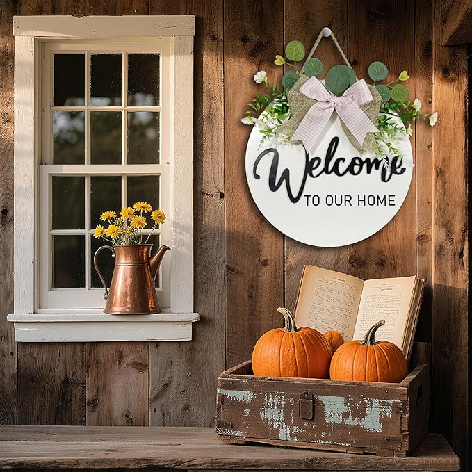 VPDTVK Welcome Sign for Front Door, Rustic Welcome Door Sign Outdoor Wreaths Decor for Spring Summer Autumn and Winter All Seasons Holiday Halloween Christmas(White)