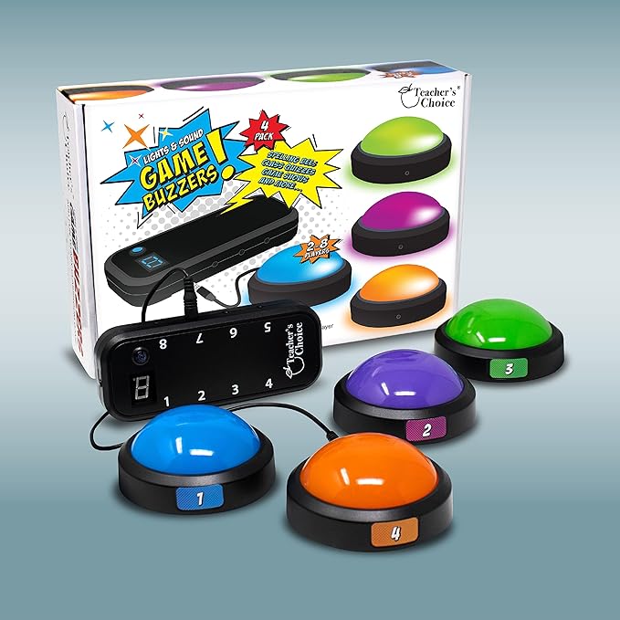 Teacher's Choice Light Up Game Buzzer System, Displays The Winning Player Loud, Unique Sounds for Each Buzzer, Great for Trivia Games, Family Feud, Jeopardy (4 Pack)