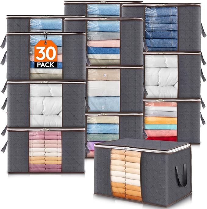 Lifewit 30 Pack Clothes Storage Bins with Lids, Foldable Blanket Storage Bags with Zippers, Clear Window and Reinforced Handles, Closet and Organization for Clothing, Sweater, Comforter, Bedding, Gray