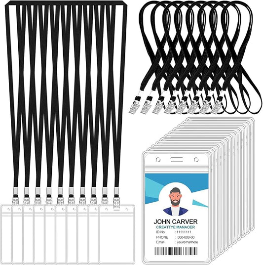 100 Pcs Clear Vertical Badge Id Card and 100 Pcs Lanyard, Reusable Lanyards for Id Badge Holder Name Tag Badge Holder with Lanyards for Adults Kids Business School Conferences (Black)