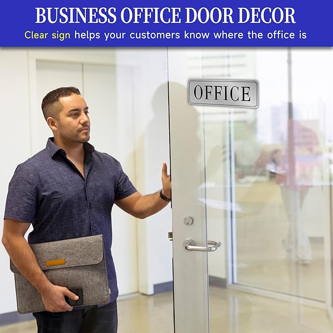 The Office Door Sign for Home and Business，Self-Adhesive Waterproof and Fade-Resistant Modern Brushed Silver Office Sign Sticker for House，Business，Door, Window（Silver）
