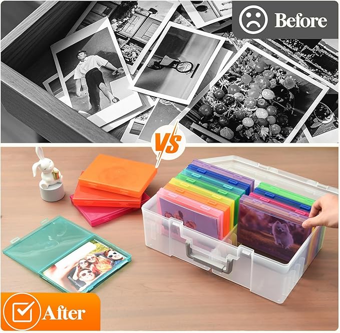 Photo Storage Box 5 x 7 Inches, 18 Inner Extra Large Photo Boxes with Dividers, Colorful Acid-Free Photo Storage Containers with Handle, Photo Organizer Craft Keeper for Photo, Craft, Stamp etc