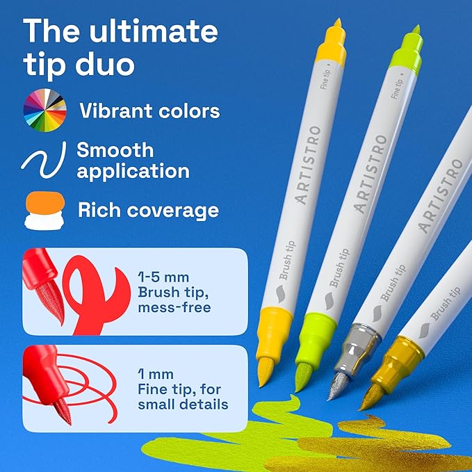 ARTISTRO 36 Acrylic Paint Markers - Paint Pens Dual Tip Brush + Fine Ideal for Calligraphy - Perfect for Fabric, Rock, Glass, Wood, DIY - Art Supplies, Stocking Stuffers, Christmas Gift Idea