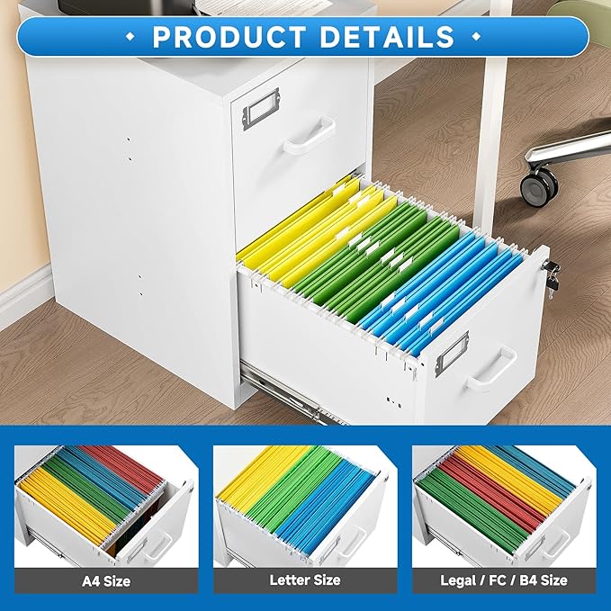 BYNSOE 2 Drawer File Cabinet with Lock Vertical Filing Storage Office Home Steel Vertical File Cabinets for Letter Size File Cabinet Locked,Assembly Required