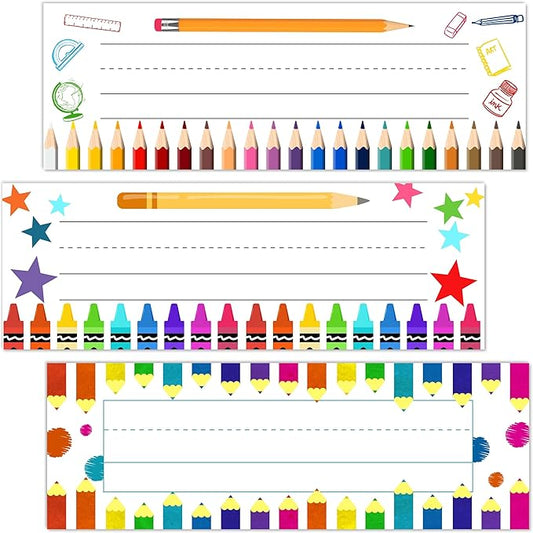 Name Tags for Students Desks, Colorful Pencils Theme Name Plates, Name Labels for School Desks, Back to School Classroom Decor, 30 Pack