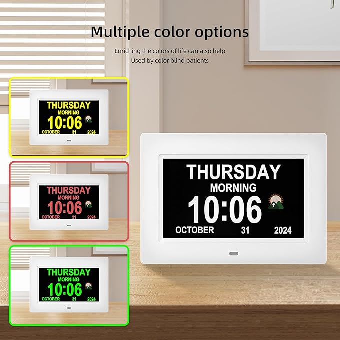 Memwake Digital Alarm Clock, Multiple Alarm Functions, Clock with Date and Day, Digital Alarm and Electronic Calendar for Seniors (White, 7 inch) (7-inch White)