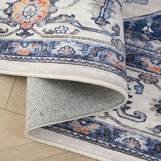 Rugcomf Vintage Medallion 4'x6' Rug - Machine Washable Area Rug, Non-Slip Low Pile Boho Carpet for Girl/Boys Room, Living Room, Kids, Entry - Blue