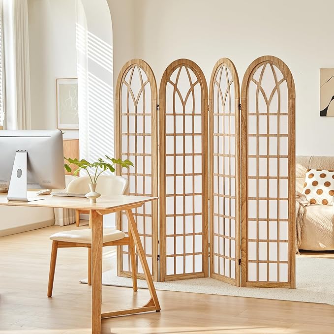 Asnefeli 4 Panel Japanese Room Divider, Shoji Style Partition Divider, Fully Assembled Wooden Privacy Screen for Home Office Bedroom Apartment Decoration, Natual