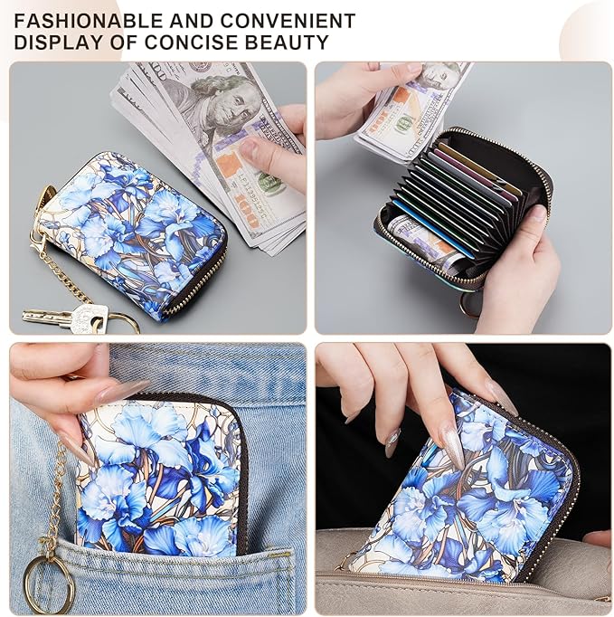 APHISON RFID Credit Card Holder Wallets for Women Leather Zipper Card Case for Ladies Keychain Wallet