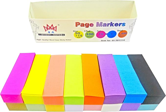4A 2 Packs Sticky Note Tabs Flags 0.6 x 2 Inches, 16 Colors, Small Sticky Notes Page Markers Book Index Tabs for Office School Supplies, 100 Sheets/Pad, 16 Pads/Pack, 3200 Sheets Total, 4A 501516x2