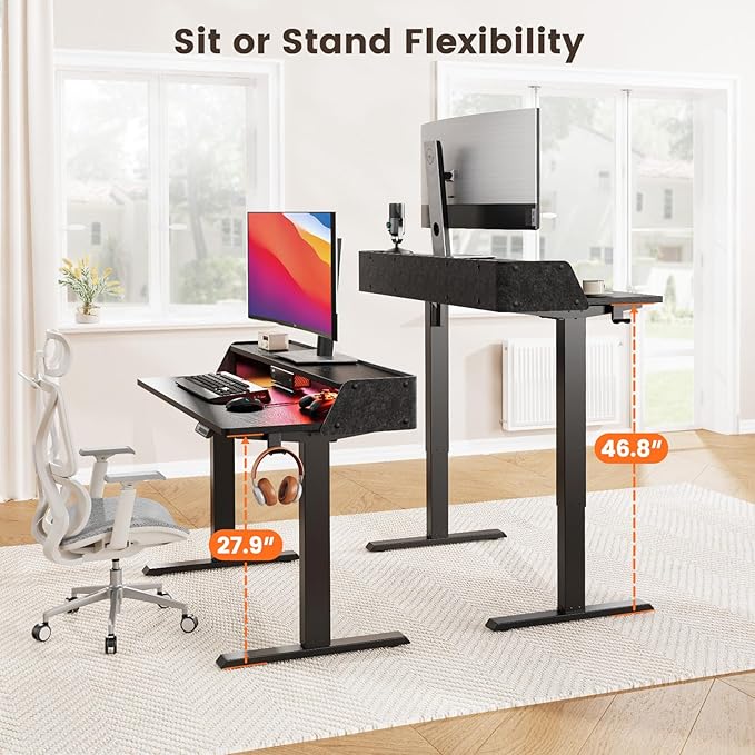 ErGear Standing Desk with LED Strip, 55″ x 28″ Electric Height Adjustable RGB Gaming Table with Shelf, Sit Stand Desk with Dual Cable Holes, C-Clamp Mount Compatible, 4 Preset Heights, Black