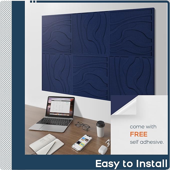 BUBOS Large Acoustic Panels, 6-Pack Soundproof Wall Panels Thickened 23.6 x 23.6 Inches, Self-Adhesive Sound Absorbing Panels Decorative for Recording Studio Office Home Theater, Navy Blue