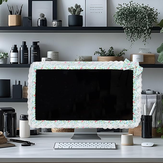 Kingshion 24-inch Cute Lace Fabric Monitor Cover with Elastic Pen Pocket & Bow-knot Design, Dust Protector for Computer/TV/LCD Screens- Green