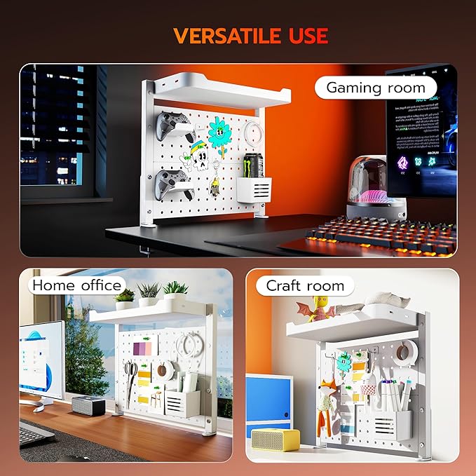 ARES WING Clamp On Desk Pegboard with 16 inches Organizer Shelf, Adjustable Above or Under Desk Storage Shelf Holds 44 lbs, Magnetic Metal Peg Board for Office and Gaming Accessories, White