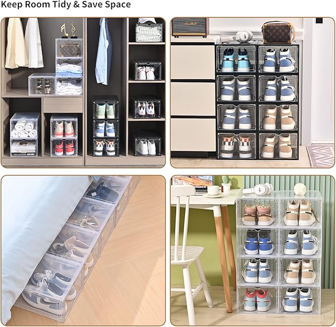 KEFA XL Shoe Storage Box, 8 PACK Shoe Boxes Clear Plastc Stackable Organizer, Clear Plastic Shoe Boxes Fit for US 15 (8 PACK BLACK)