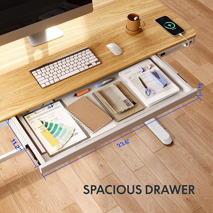 FLEXISPOT Electric Standing Desk with Drawer Storage Adjustable Height Quick Assembly Table w/USB Charge Ports, Child Lock （Natural Desktop + White Frame）