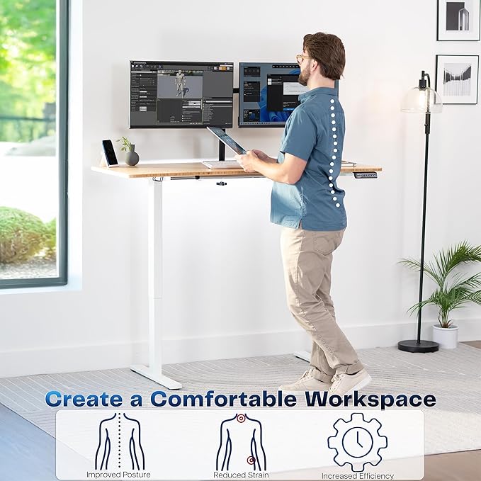 VIVO Electric 60 x 24 in Real Bamboo Standing Desk, Memory Height Adjustment, 1B Series, Holds 220 lbs, One-Piece Top, White Frame, DESK-KIT-1W6O