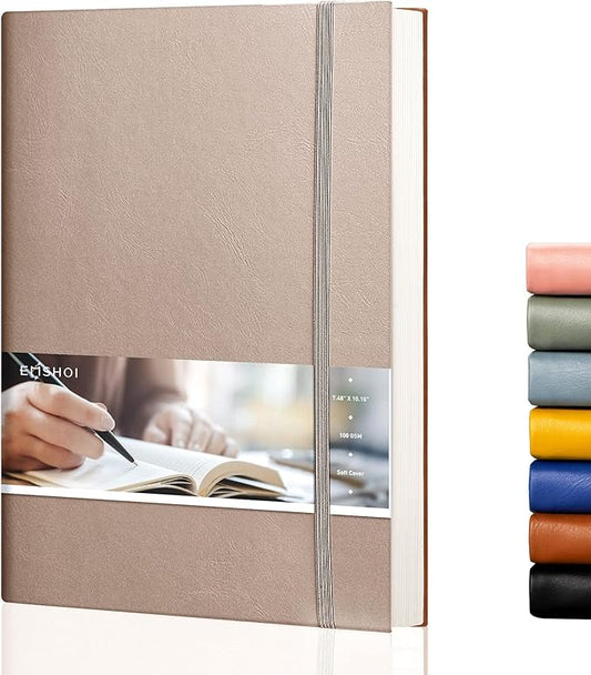 EMSHOI Dotted Journal Bullet Notebook,192 Numbered Pages B5 Large Dot Grid Composition Notebook with 100gsm Thick Dotted Paper, Softcover Leather, Inner Pocket, 7.48"x10.15"-Khaki