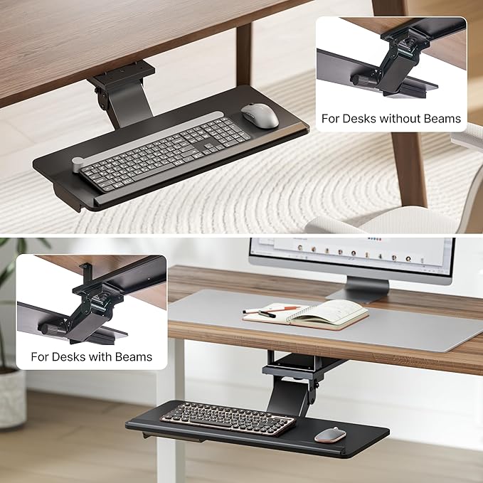 PEGZONE Keyboard Tray Under Desk with Storage Drawer, Height Adjustable Keyboard Tray Slide Out Swivel Tilt, Ergonomic Under Desk Mount Keyboard & Mouse Holder for Gaming Home Office, 25x11'', Black
