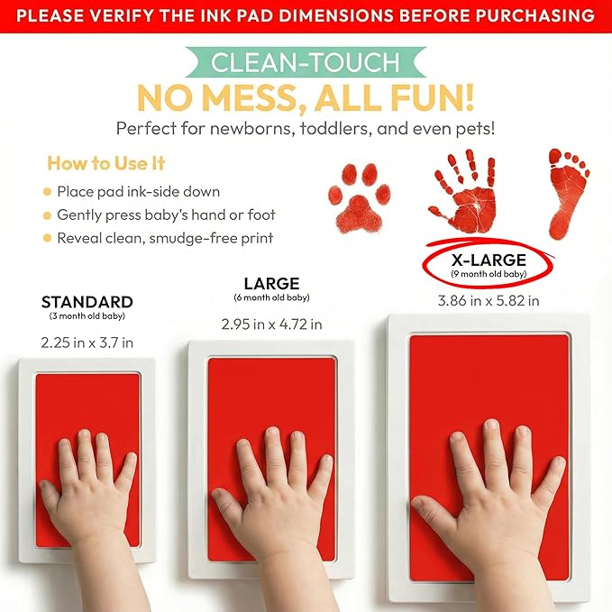 Extra Large Clean Touch Ink Pad for Baby Handprints and Footprints – Inkless Infant Hand & Foot Stamp – Safe for Babies, Doesn’t Touch Skin – Perfect Family Memory or Gift by Tiny Gifts, Red
