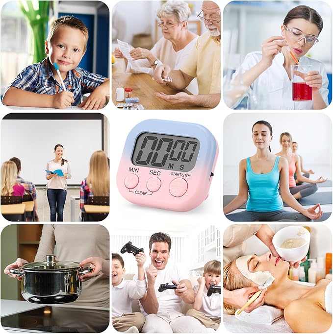 Weewooday 12 Pcs Digital Kitchen Magnetic Timer Bulk Classroom Count up Countdown Timer Large Digits Egg Loud Alarm Cute Desk Stopwatch for Teacher Kids Cooking Office(Pink and Blue,Gradient Style)