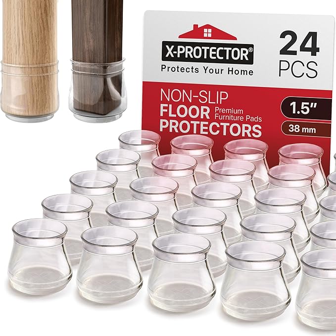 X-Protector Silicone Chair Leg Floor Protectors with Non-Slip Furniture Pads - 24 PCS 1.3" - 2" - Anti-Slip Chair Leg Covers - Non-Skid Furniture Leg Caps - Furniture Pads for Hardwood Floors!