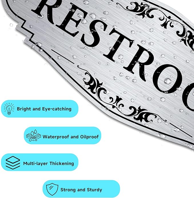 Restroom Sign Sticker for Business & Home, Self-Adhesive Brushed Silver Elegant Bathroom Signs for Door, Durable & Waterproof Unisex Restroom Signage for House Toilet, Office, Store, Shop