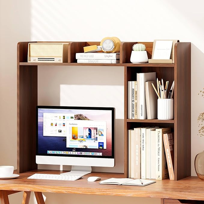 Tangkula Desktop Bookshelf, Countertop Storage Hutch with Shelves for Computer Desk, Desk 3-Tier Display Rack, Multipurpose Wood Desktop Hutch Storage Organizer for Dorm Office (Walnut,5 Shelves)