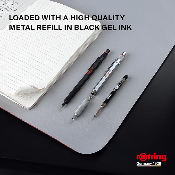 Rotring 600 Gel Pen | 0.55 mm | Black Ink | Silver Metal Body Pen | Non-Slip Knurled Grip & Hexagonal Barrel | Refillable