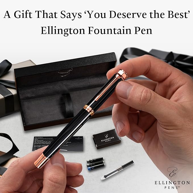 Ellington Pens Luxury Fountain Pen Set - Smooth Medium Nib- Includes 3 Ink Cartridges, Refillable Ink Converter, Gift Box- Fountain Pens For Writing, Calligraphy, Journaling, Sketching (Midnight Rose)