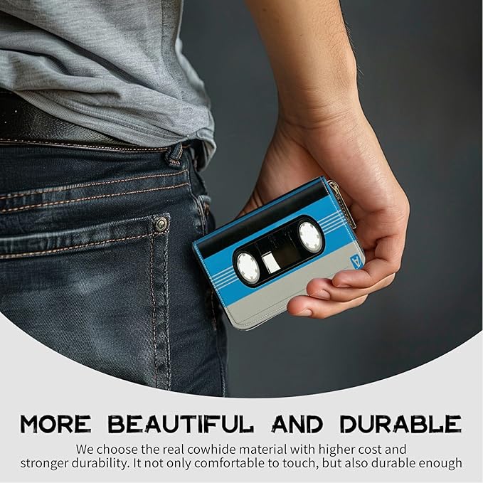 BWEGRHE Cute Credit Card Holder with Zipper, Blue Cassette RFID-Blocking Card Case Small Wallet for Women Men, Multi-slot Card Organizer Case Travel Accordion Wallet