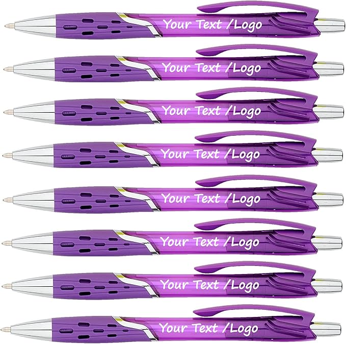SyPen Personalized Ballpoint Pens With your Custom Logo or Text-300 Pack Bulk-for Businesses, Parties, and Events, Custom Printed, Vivid Colored Translucent Barrel, Click Pens, Black Ink, Purple Pens