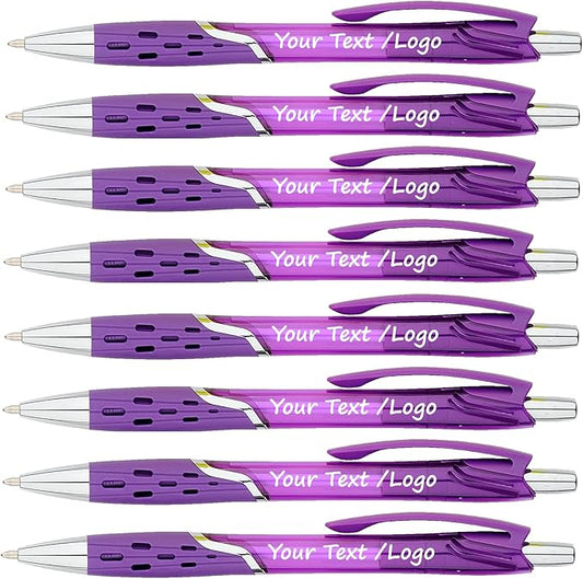 SyPen Personalized Ballpoint Pens With your Custom Logo or Text-300 Pack Bulk-for Businesses, Parties, and Events, Custom Printed, Vivid Colored Translucent Barrel, Click Pens, Black Ink, Purple Pens