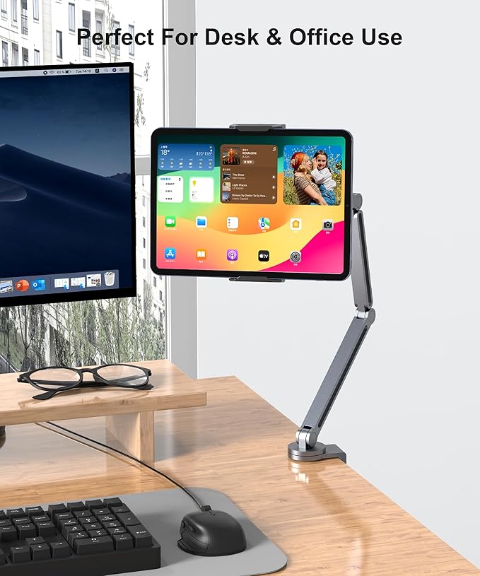 YICOSUN Tablet Arm Mount with Super Grip, Adjustable Foldable Holder & Heavy Duty Aluminum 360° Rotating Clamp for iPad, Phone, Monitor, Kindle - Universal for Desk, Bed, Kitchen - Gray