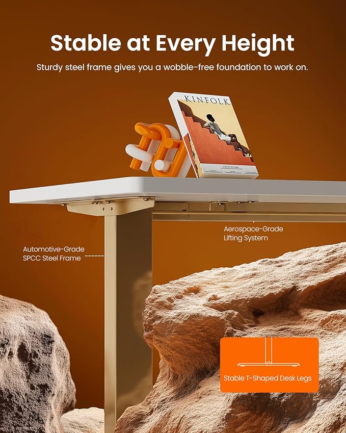 ErGear Height Adjustable Electric Standing Desk, 31.5 x 18.9 Inches Sit Stand up Desk, Memory Computer Home Office Desk with Two-Piece Desktop (White & Gold Frame)