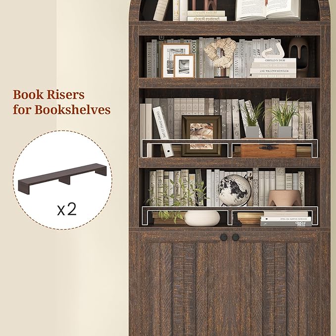 81" Tall Arched Cabinets,Bookcase with storage,Mid-Century Modern 6-Tier Bookshelf with Door,2 Book Risers and Adjustable Shelves offering more storage space for Living Room,Kitchen,Home Office,Walnut