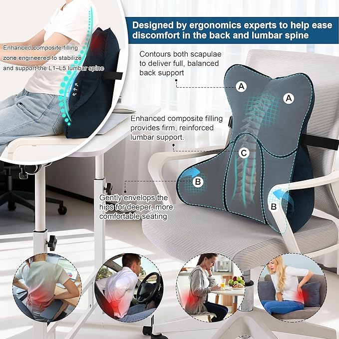 Ailuteie Lumbar Support Pillow(Pat. Pend) – Multi-Functional Ergonomic Back Cushion for Office Chair, Car Seat & Sofa, Reading Pillow with Firm Multi-Zone Support to Relieve Lower Back Pain,Teal Blue