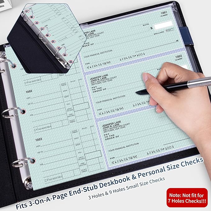 Antner 3 Ring Personal Check Binder for 3-on-a-Page End-Stub Deskbook & Personal 3 Holes or 9 Holes Small Size Checks, PU Leather Check Holder Checkbook Binder Cover with Zipper Pouch, Navy Blue