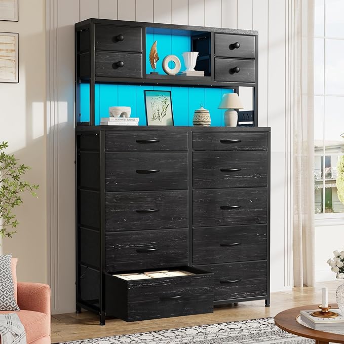 EnHomee Black Dresser with Multiple Fabric Drawers, Dresser for Bedroom with Charging Station and LED Lights,Dressers & Chests of Drawers for Bedroom, Steel Frame & Wooden Top, Entryway