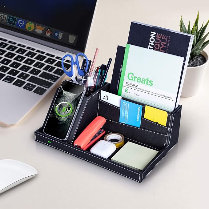 Valet Tray, Built in Wireless Charging Pad, Nightstand Organizer, Dresser Organizer, Mens Jewelry Box, Valet Charging Station, Faux Leather Valet Tray for Men and Women (Black+Wireless)