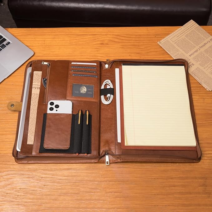 Geslun Genuine Leather Portfolio, Legal Size 8.5 x 14 Pad Holder, Business Padfolio for Men and Women, Zipper 14" Laptop Organizer, Executive Professional Work Travel Notepad Folio, Brown, Oil Tanned