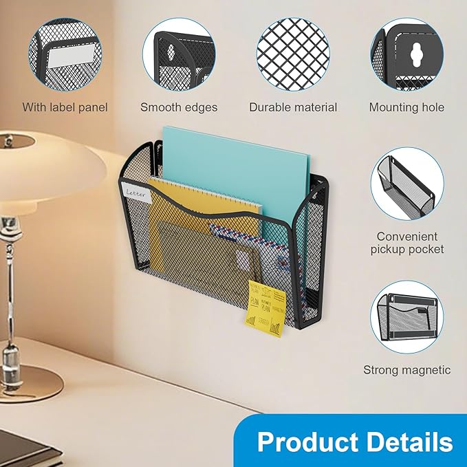 BOHDK Magnetic Wall File Holder 3-Pack - Mesh Organizer with Strong Magnets for Office, Home & School - Space Saving Black Document Organizer