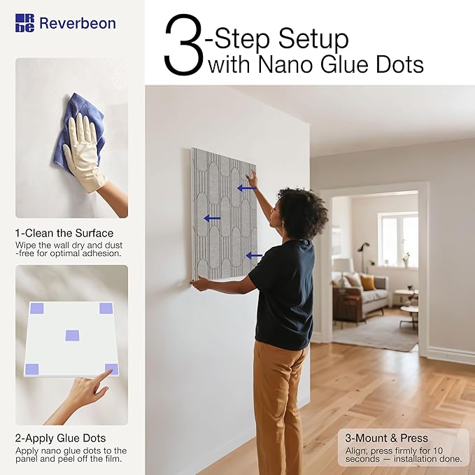 Reverbeon 6 PCS Acoustic Panels, 23.6x23.6 Inch Sound Absorbing Panels, Decorative Acoustic Wall Panels for Recording and Home Studio, Office with Double-Sided Adhesive Tape