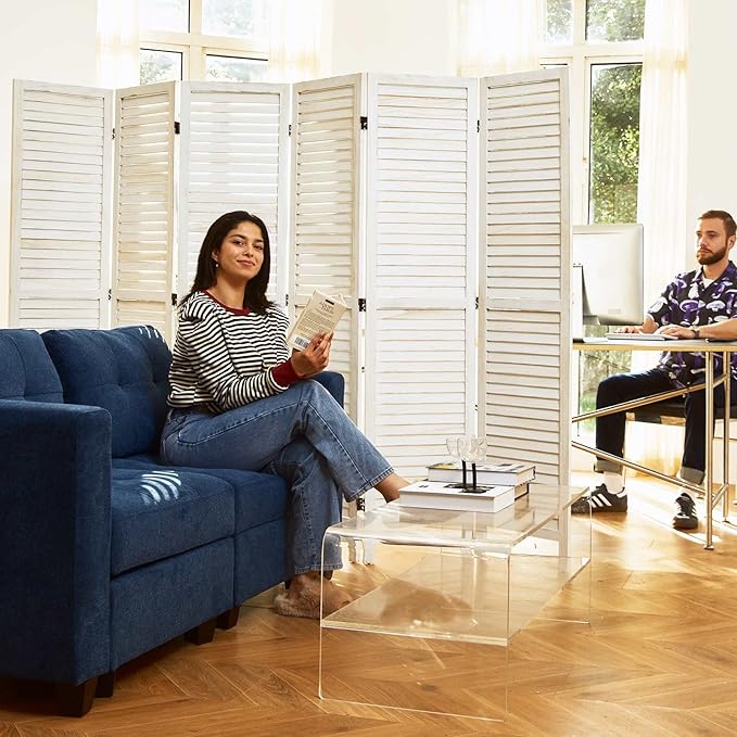 Room Dividers and Folding Privacy Screens, Wood Louvered Separators Divider Wall for Home Office Bedroom - 6 Panels, 67 * 90inch (White-Washed)