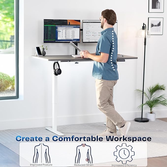 VIVO Electric 60 x 30 in Standing Desk, Memory Height Adjustment, 1B Series, Holds 220 lbs, Dark Gray Top White Frame, DESK-KIT-1W6G-30